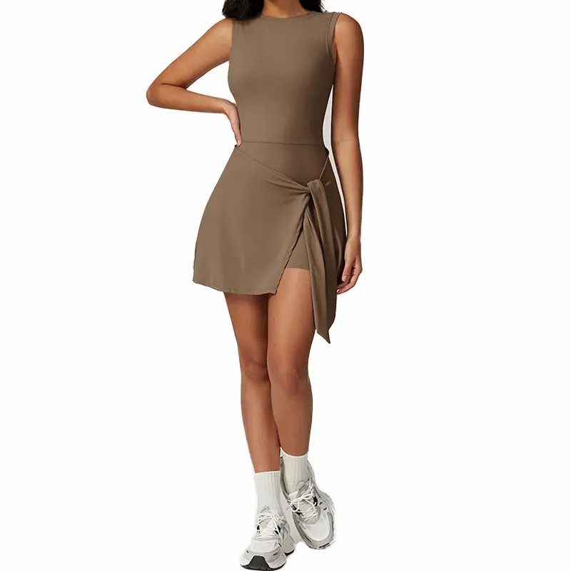 Women's Sleeveless Tennis Dress – High Stretch Knit with Built-in Shorts & Side Ruffle