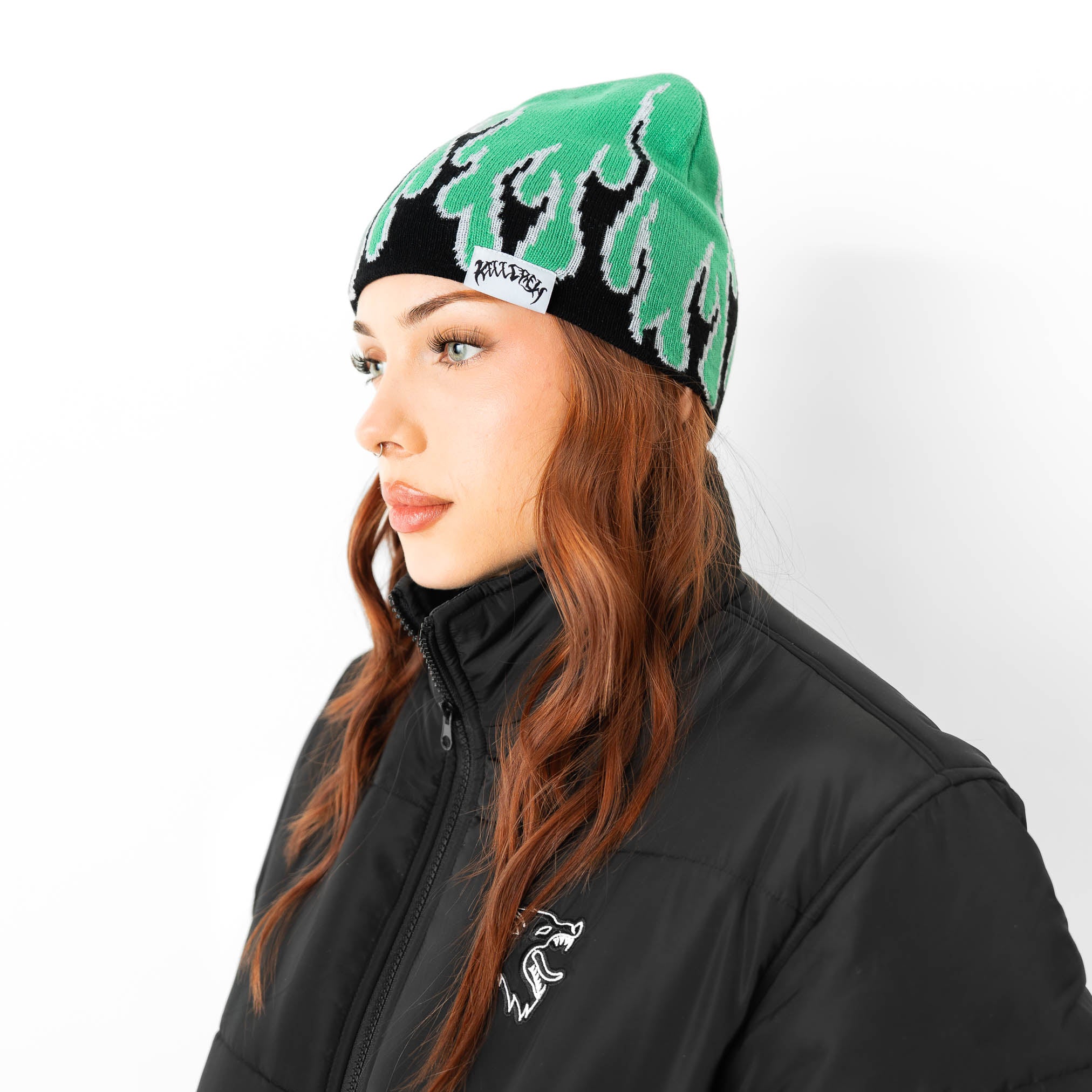 FLAME SKULL CAP BEANIE - GREEN / BLACK