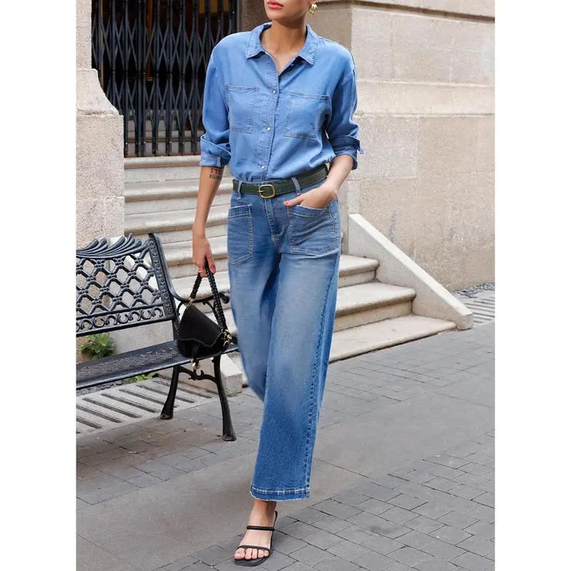 Women's Wide Leg Jeans High Waisted Stretchy Jeans Straight Leg Loose Fit Zimbaplatinum Ankle Denim Pants