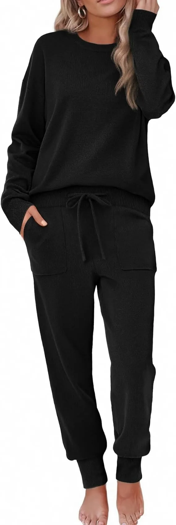 Women's Long Sleeve Knit Loungewear Set Jogger Pants Outfit