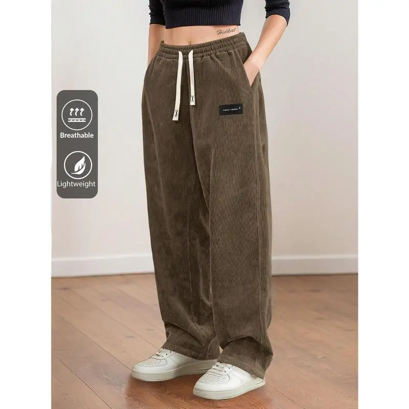 Women's Straight Leg Corduroy Pants Featuring Drawstring Elastic Waist, Fit for Casual