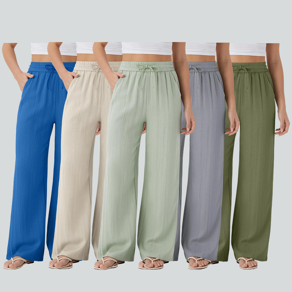 Women's High Waisted Drawstring Pocket Wide Leg Casual Linen-Feel Pants