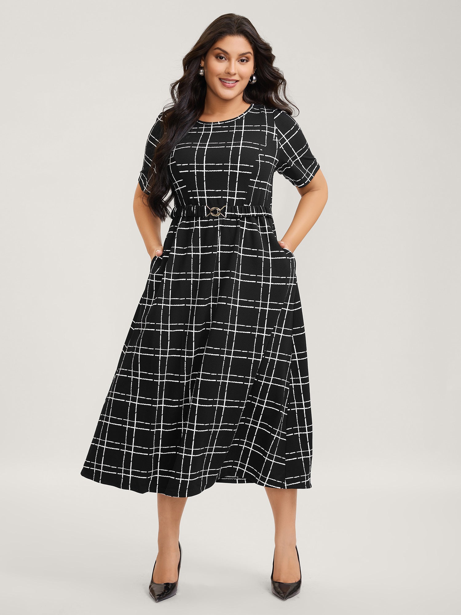 Grid Print Knit Belted Midi Dress