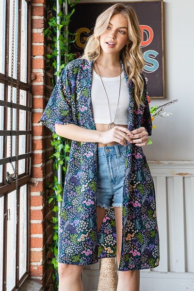 Full Size Half Sleeve Floral Open Cardigan Plus Size