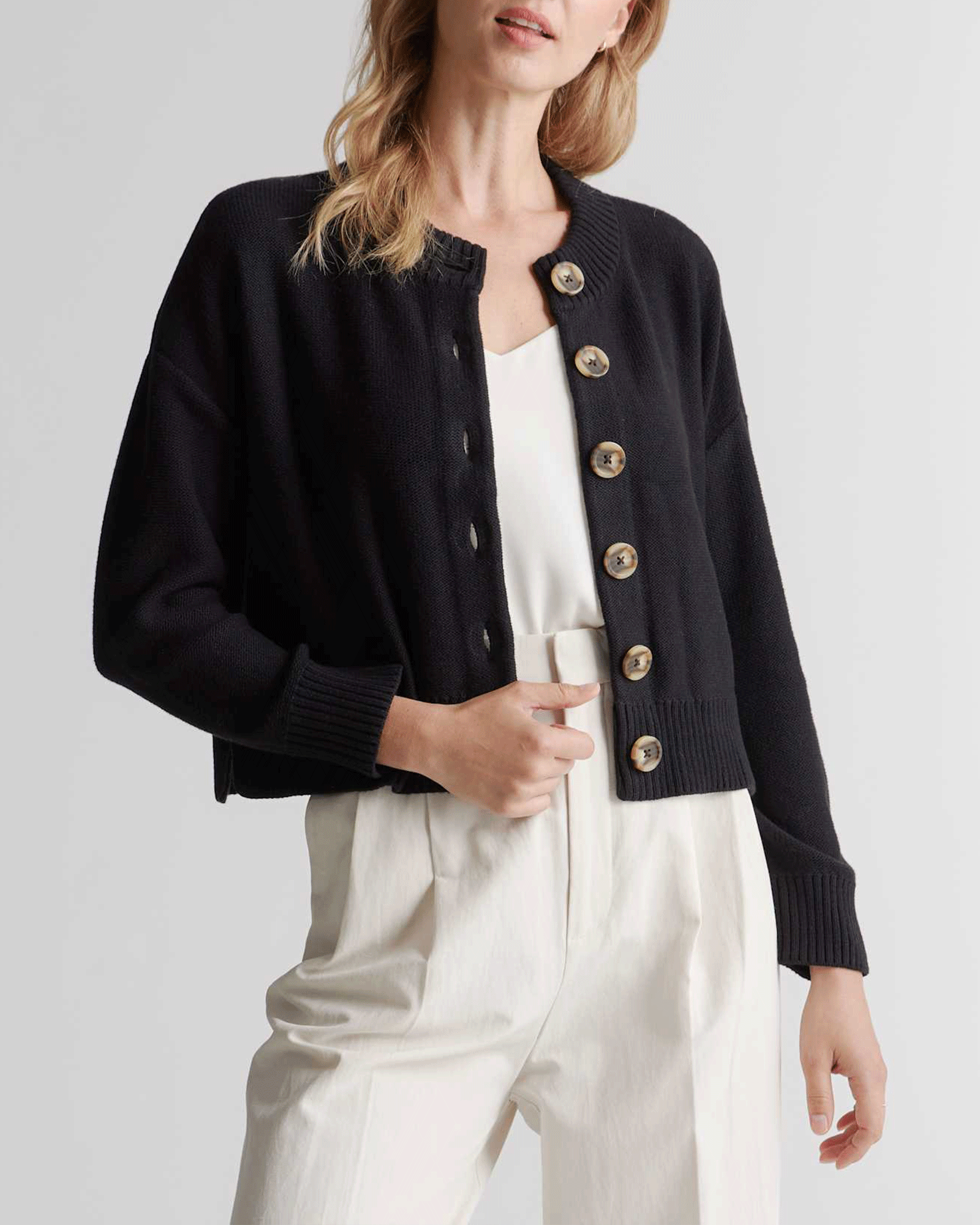Women’s Organic Cotton Cropped Cardigan – Button Front Lightweight Knit Sweater