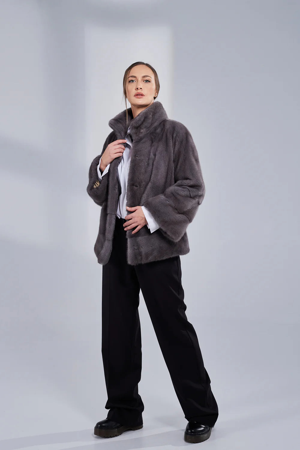 Haina din Blana Naturală de Vizon, Femei, Antracit 209