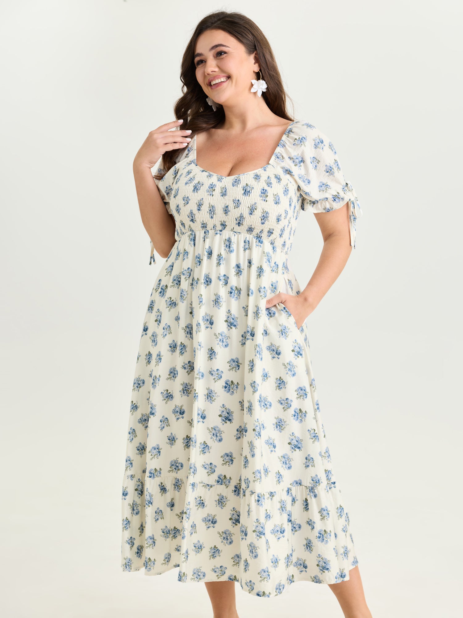 Floral Print Shirred Bodice Sleeve-Tie Maxi Dress