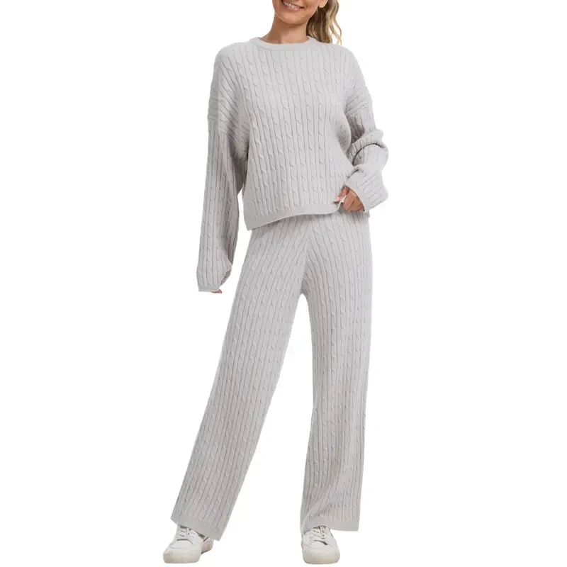 Women's Cable KnitBLACK FRIDAYSweater Lounge Set-Long Sleeve Pullover Top &High-Waisted Wide Leg Pants, Cozy 2-PieceOutfit for Fall & Winter