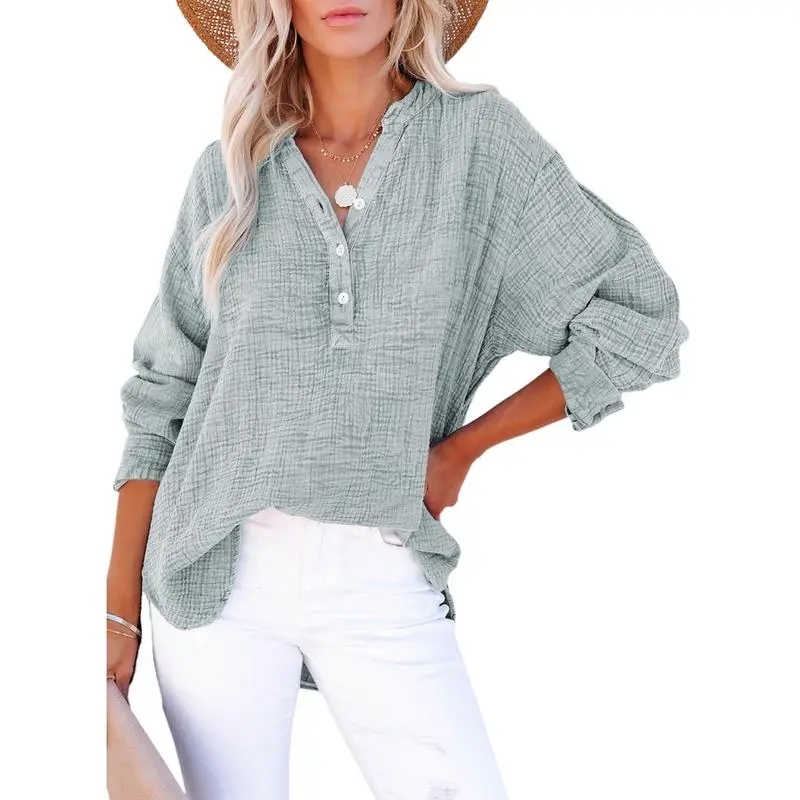 Women's Casual Button V Neck Long Sleeve Shirts Oversized Solid Blouses Tops