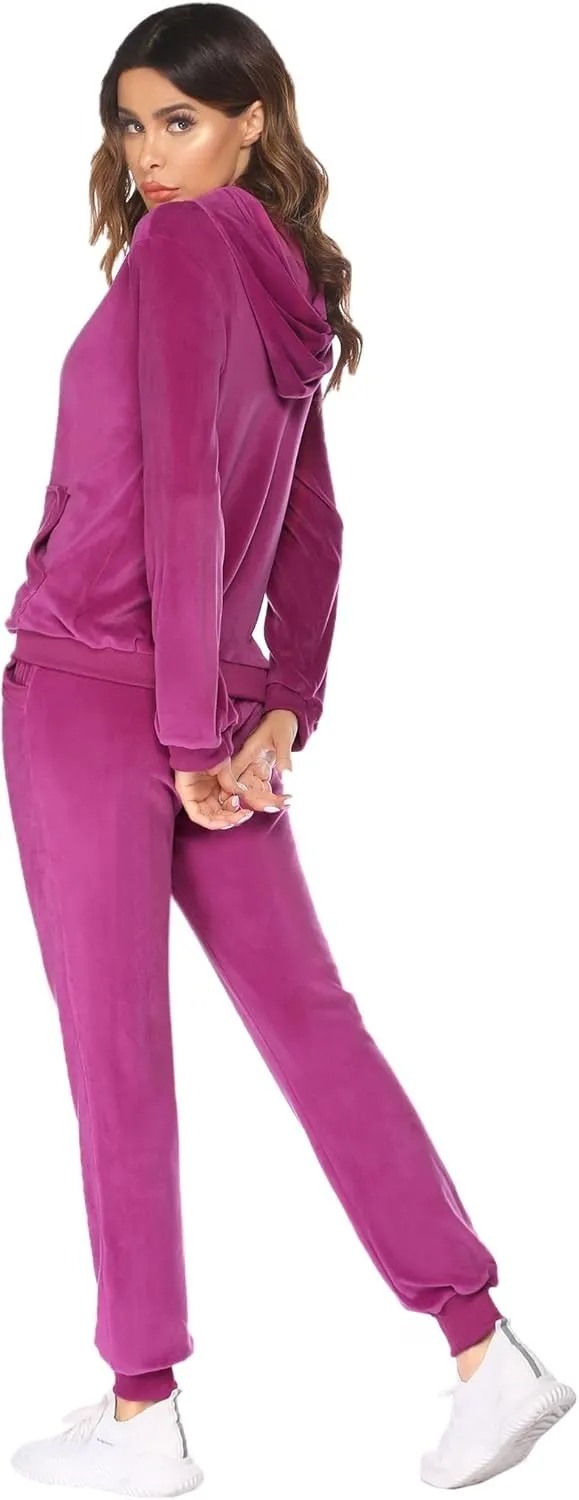 Women's Casual Velour Tracksuit Set Full Zipper Hoodie