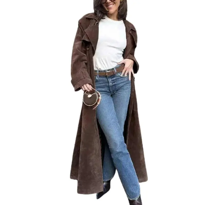 Women's faux suede long trench coat