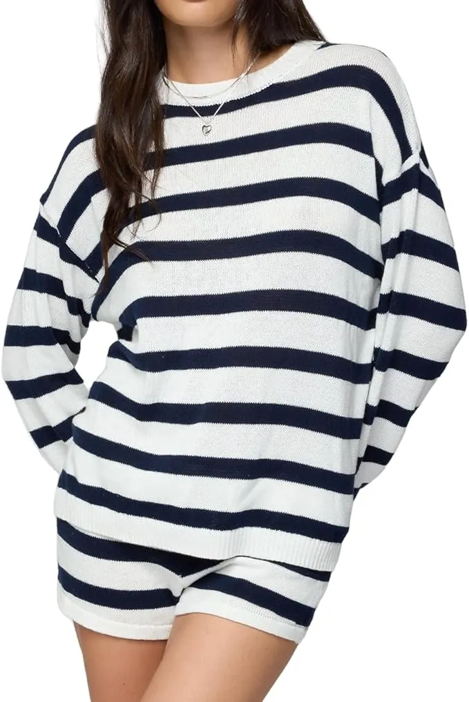 Women Striped Knit Sweater Set 2 Piece Outfit