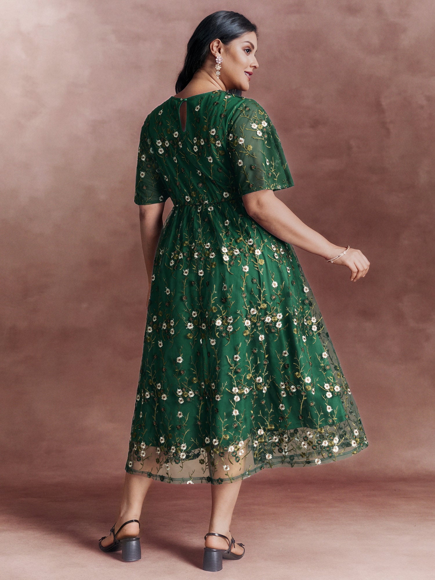 Floral Embroidered Mesh Midi Dress