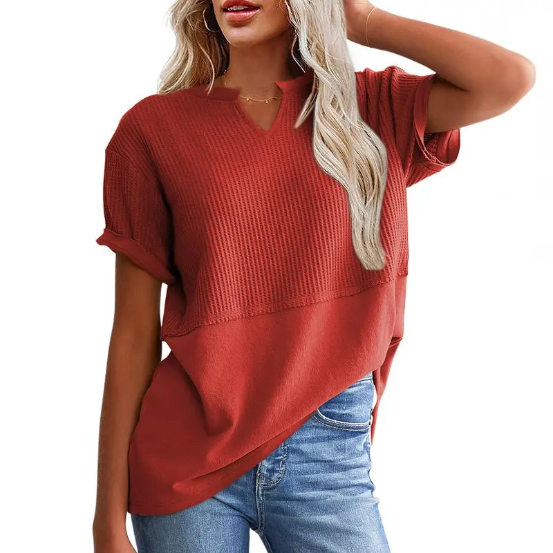 2026 Spring/Summer Cozy Oversized Waffle Knit V-Neck Top Women's Short Sleeve Pullover