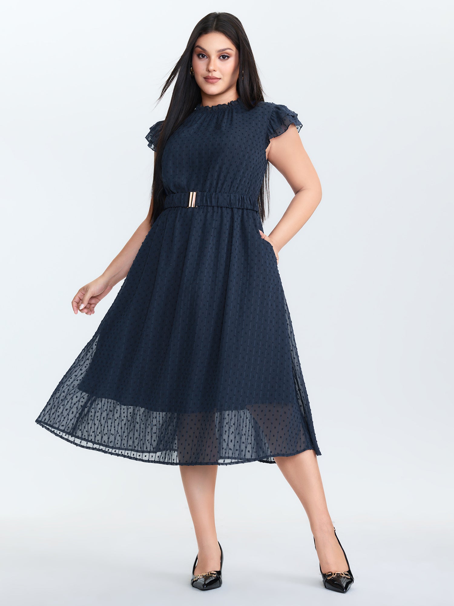 Textured Sheer Ruffled Mock Neckline Midi Dress