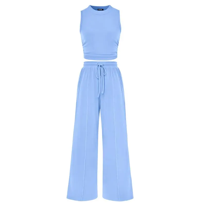 Women's Summer 2-Piece Outfits - Ribbed Knit Crew Neck Sleeveless Cropped Top & Wide Leg Pants Lounge Set