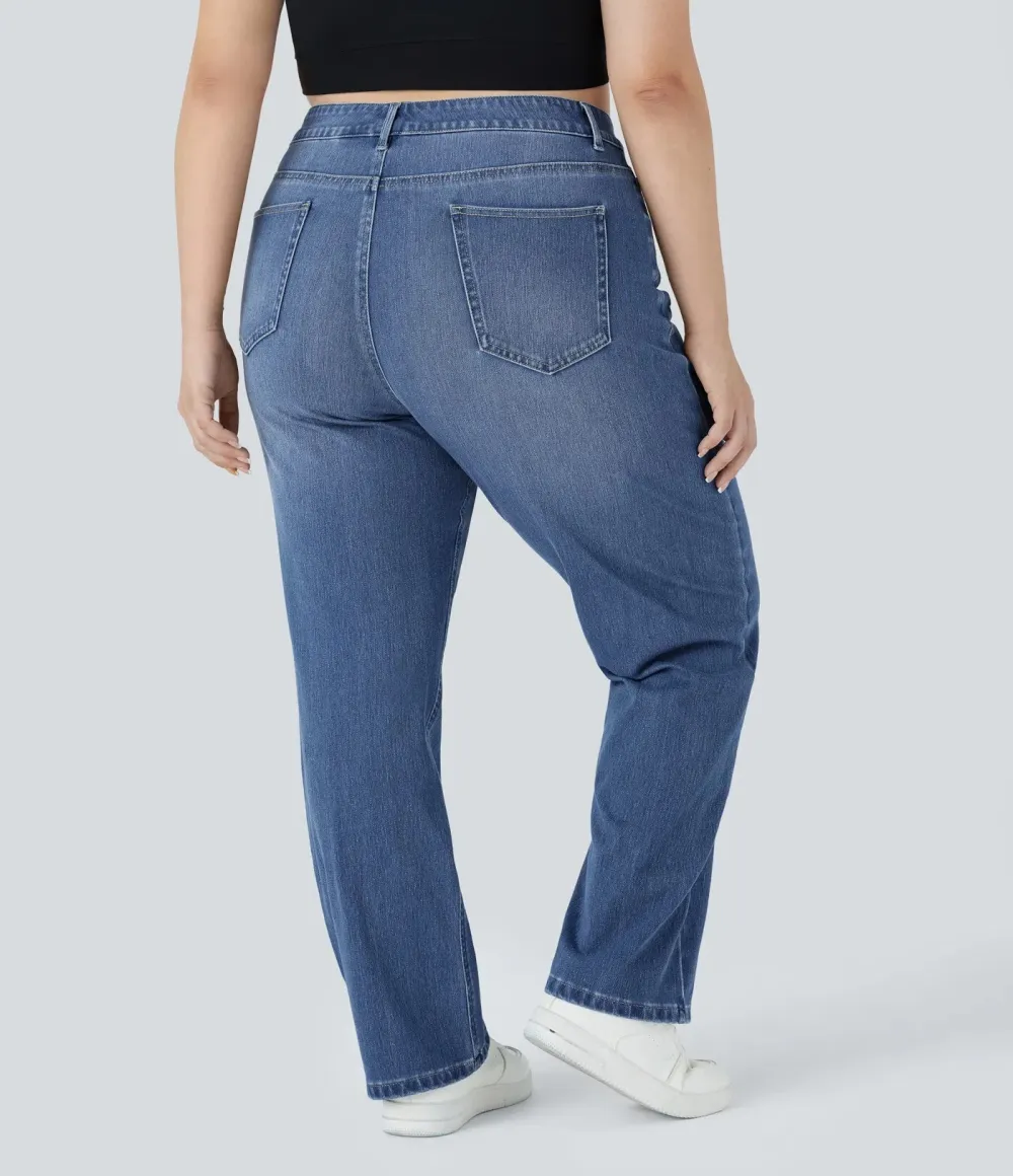 Stretch-Knit Straight-Leg Jeans with Multiple Pockets