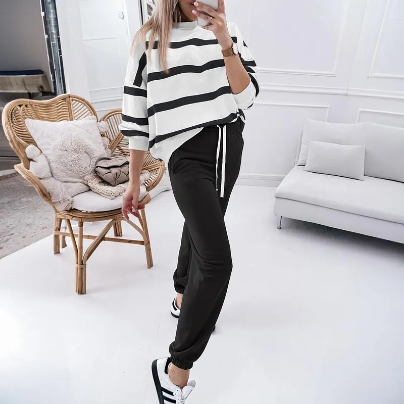 Women's Striped Two Piece Outfit Long Sleeve Drop Shoulder Pullover Tops & Jogger Pants Sets