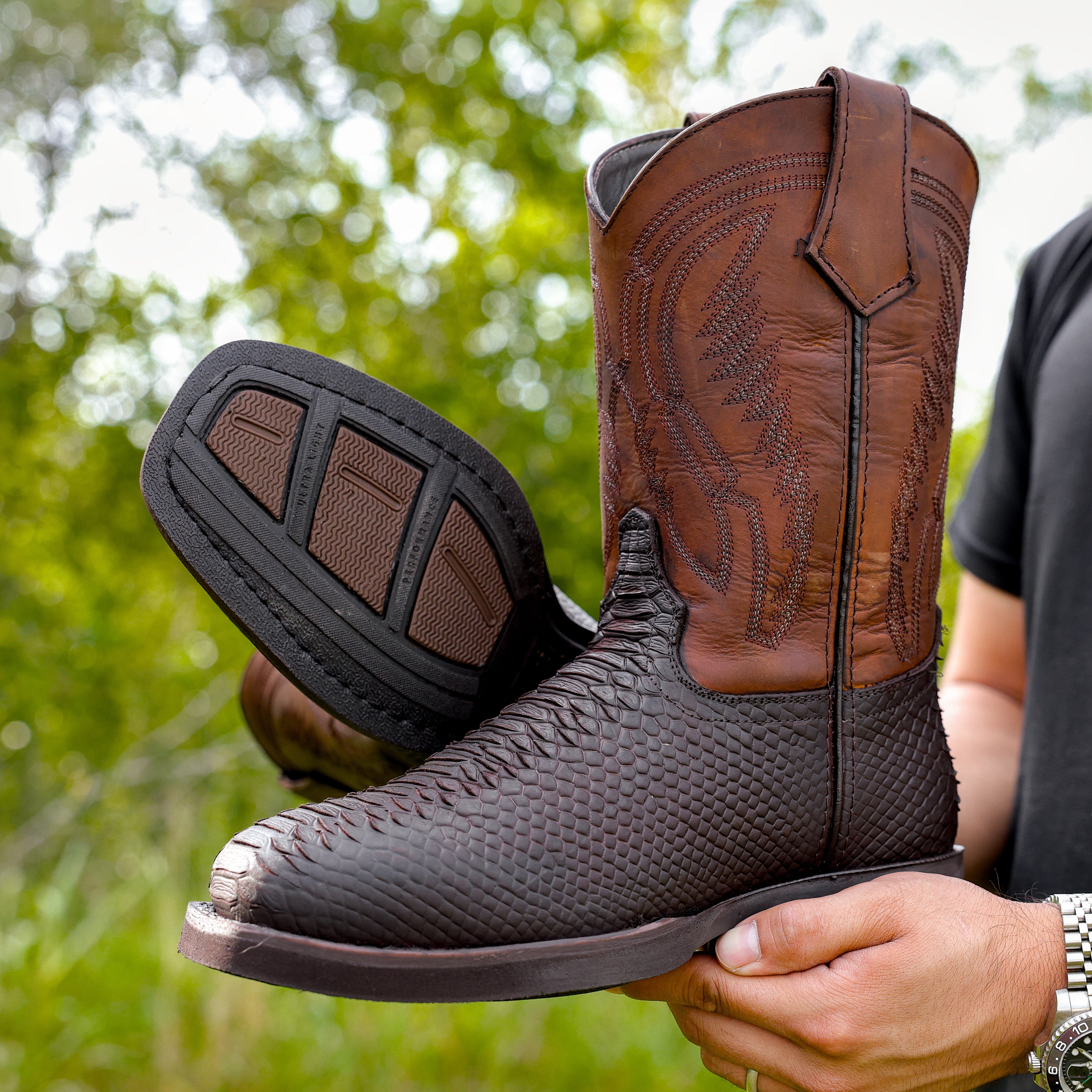 Matte Brown Python Leather Boots With Lightweight Soles - Square Toe