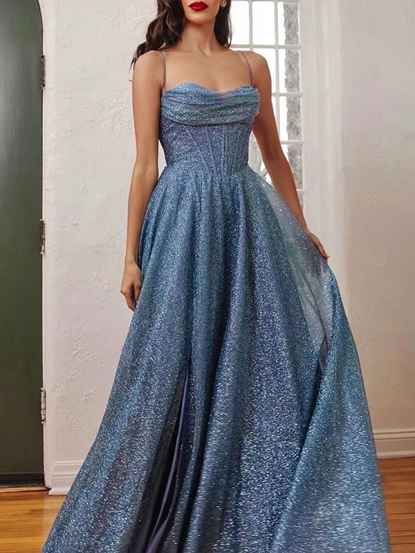 Shiny Gauze Sleeveless Spaghetti-Neck Tube Evening Maxi Dresses