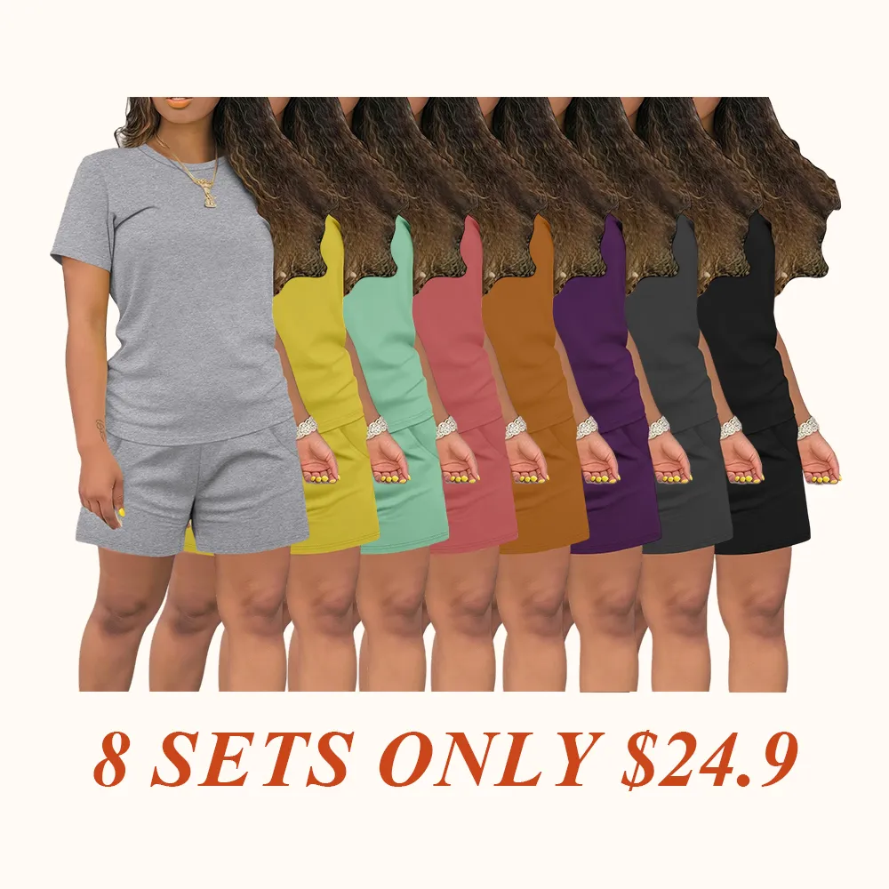 Women's Summer Casual Set, Regular Fit Short Sleeve Top & Shorts, Plain Color Women's