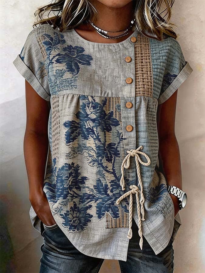 Women'S Casual Printed Tie-Waist Button-Up Top