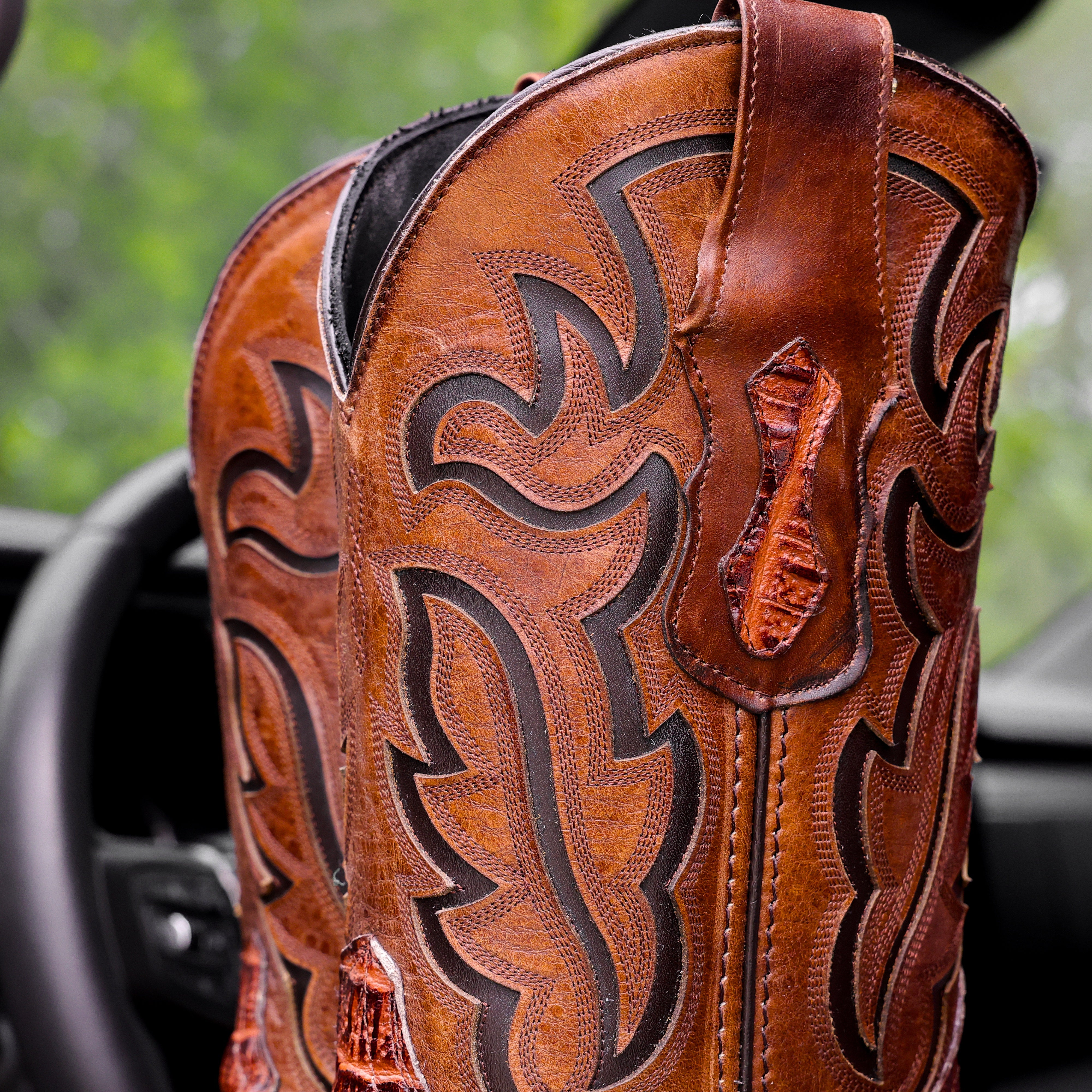 Cognac Caiman Neck Leather Boots - Square Toe