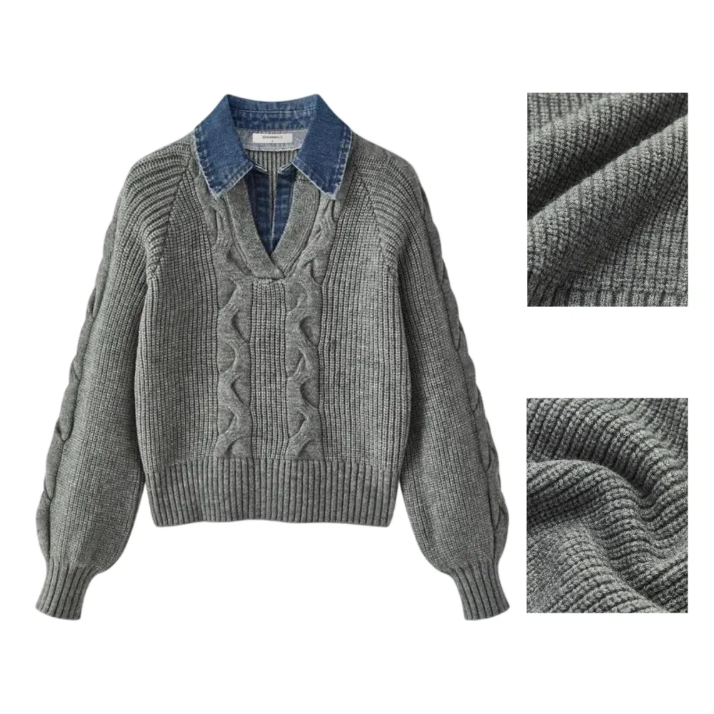 Denim Panel Ribbed Lapel Sweater