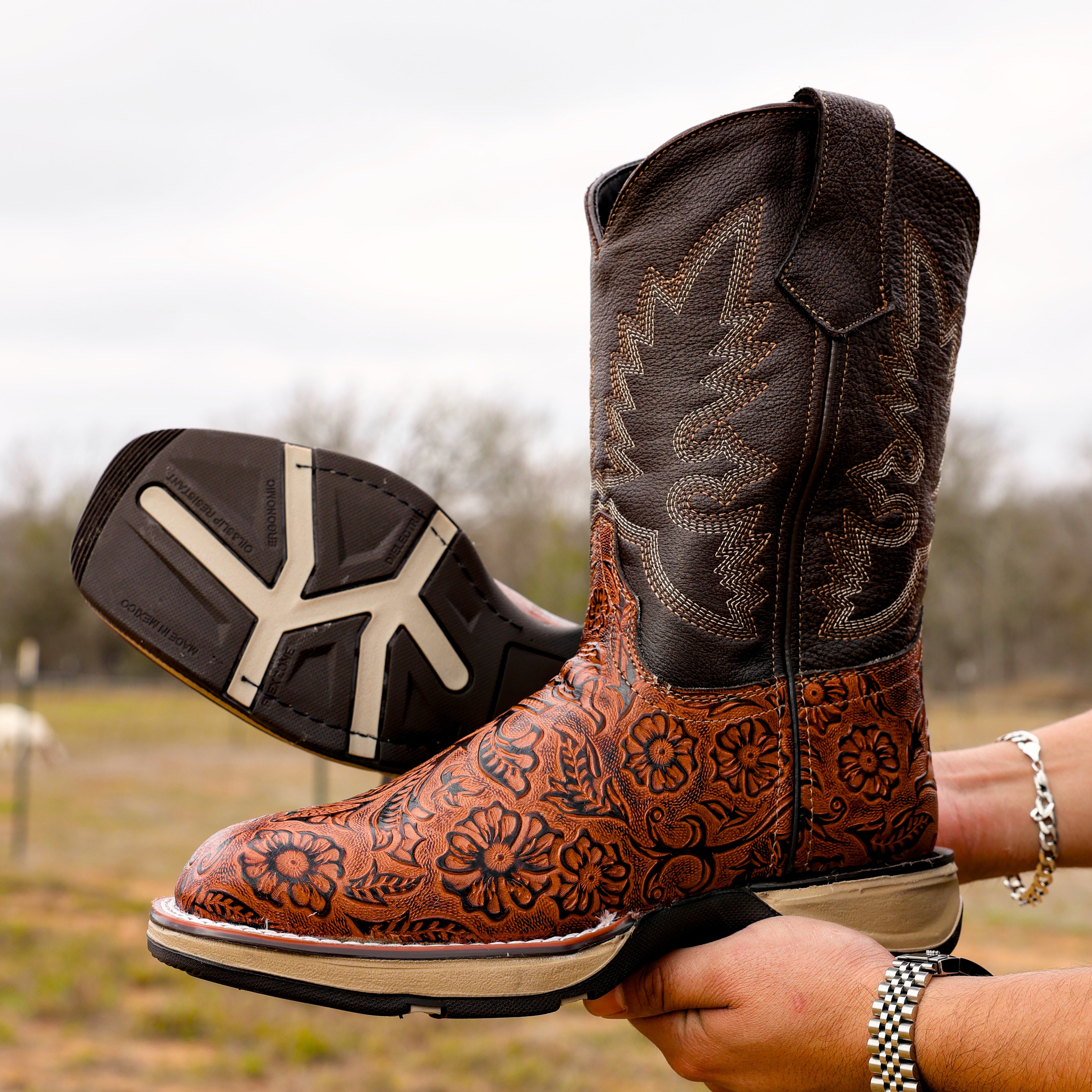 Cognac Hand-Tooled Leather Boots - Composite Toe