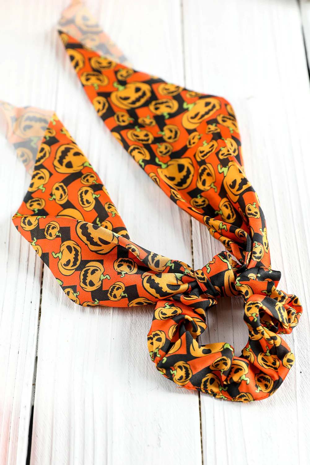 Orange Halloween Pumpkin Face Printed Satin Scrunch Hair Tie