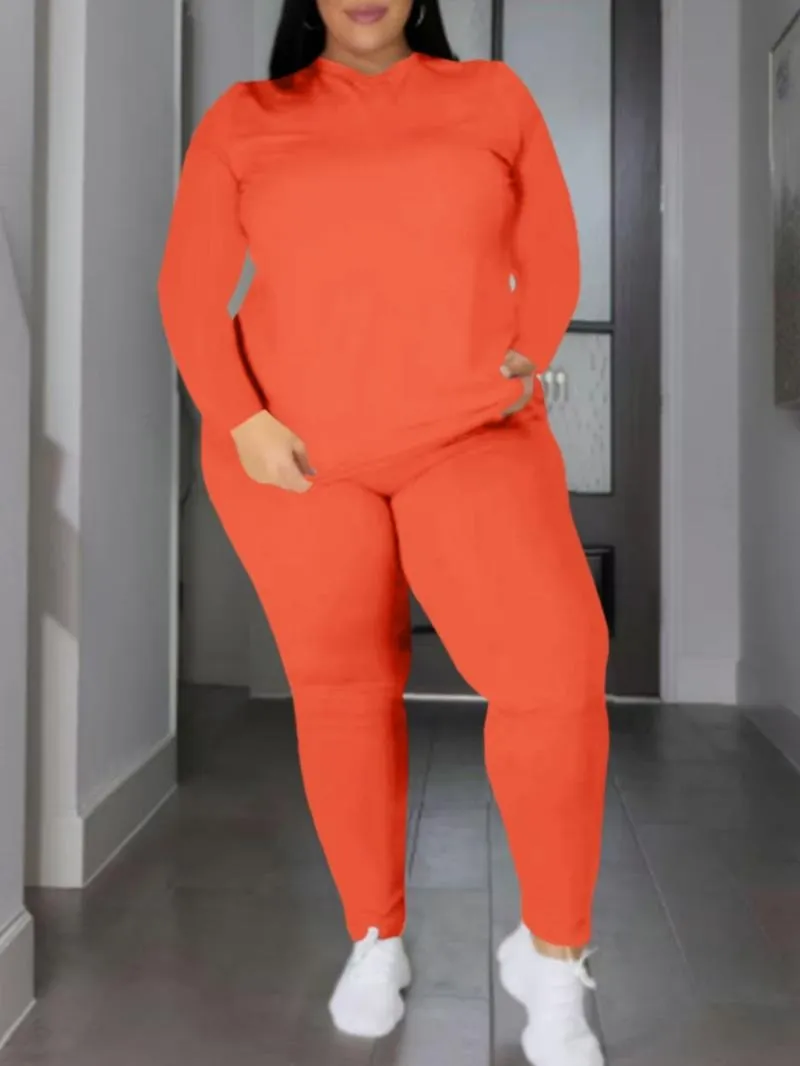 Women's Plus Size 2-Piece Set, Long-Sleeve Round-Neck Top & Pants, Casual Home Sportswear for Daily Wear