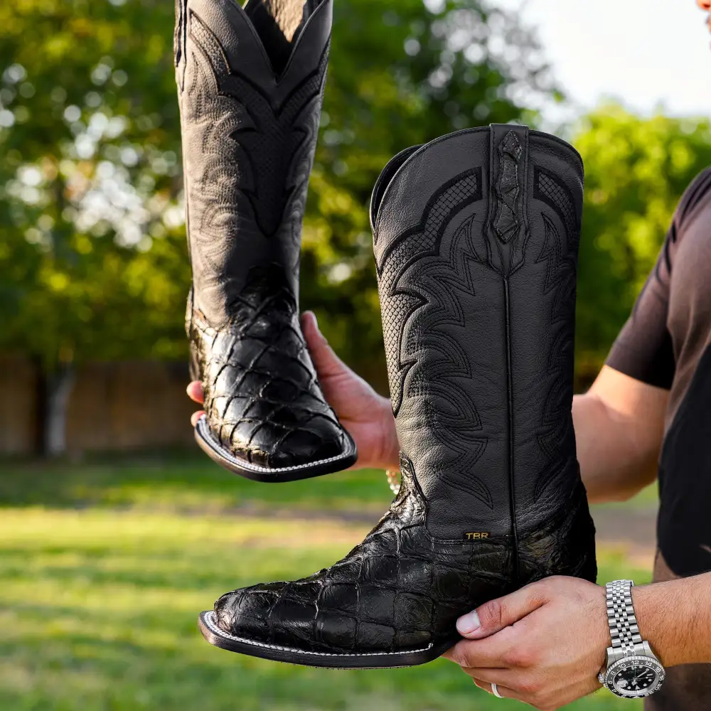 Black Pirarucu Leather Boots - Square Toe