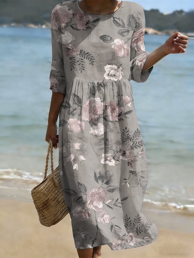 Women's Casual Round Neck Mid-Sleeve Floral Print Cotton Linen Dress- Fast Shipping