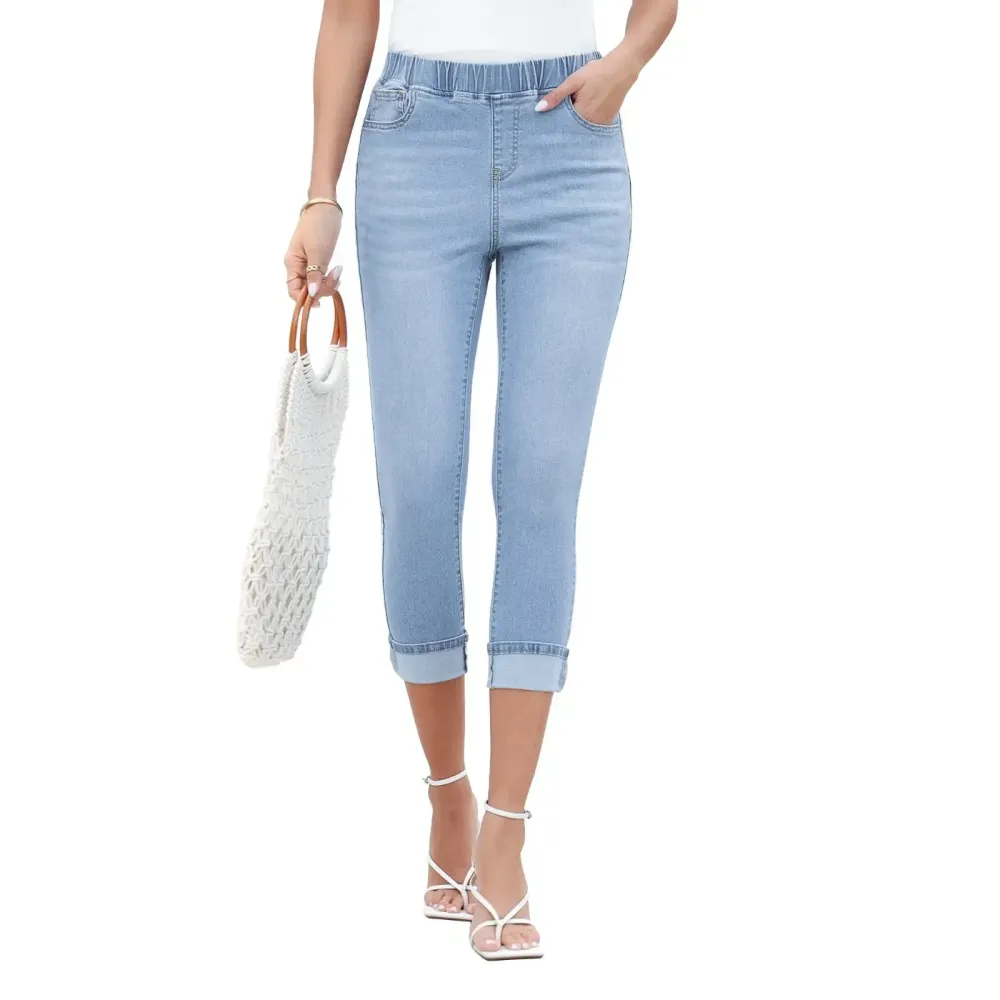 Women High Waisted Skinny Capri Pants Trendy Stretch Denim Cropped Jeans
