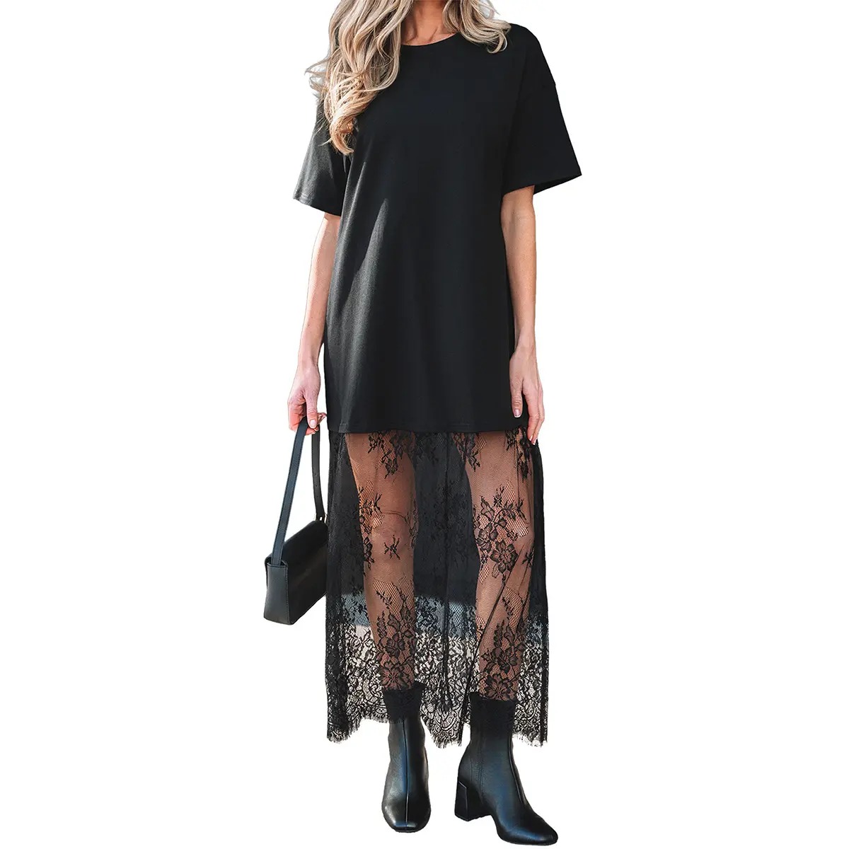 Women’s Oversized T-Shirt Maxi Dress with Sheer Lace Hem