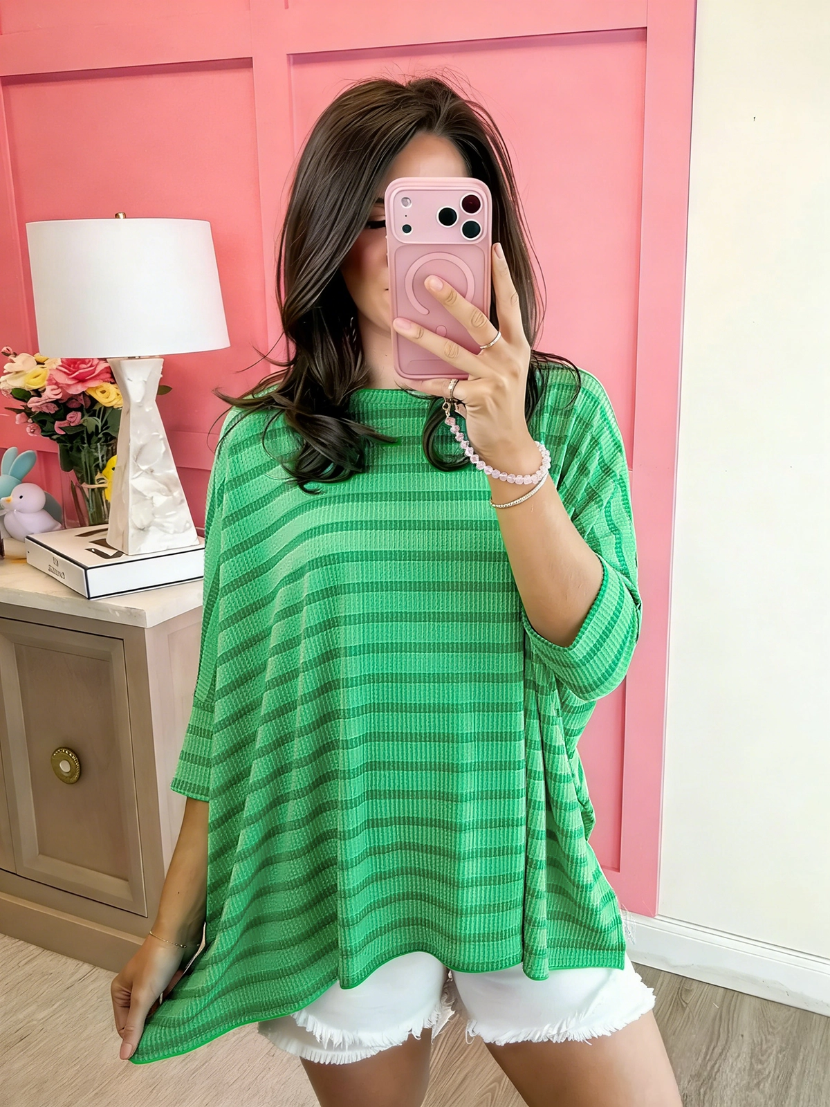 Spring Striped Raised Rib Easy Fit 3/4 Sleeve Top