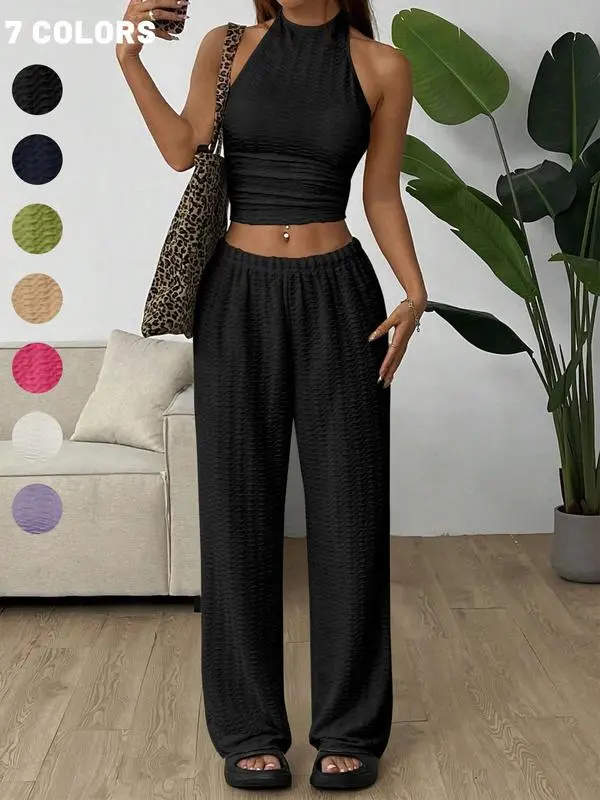 Women's Solid Crop Halter Neck Top & Wide Leg Pants Set