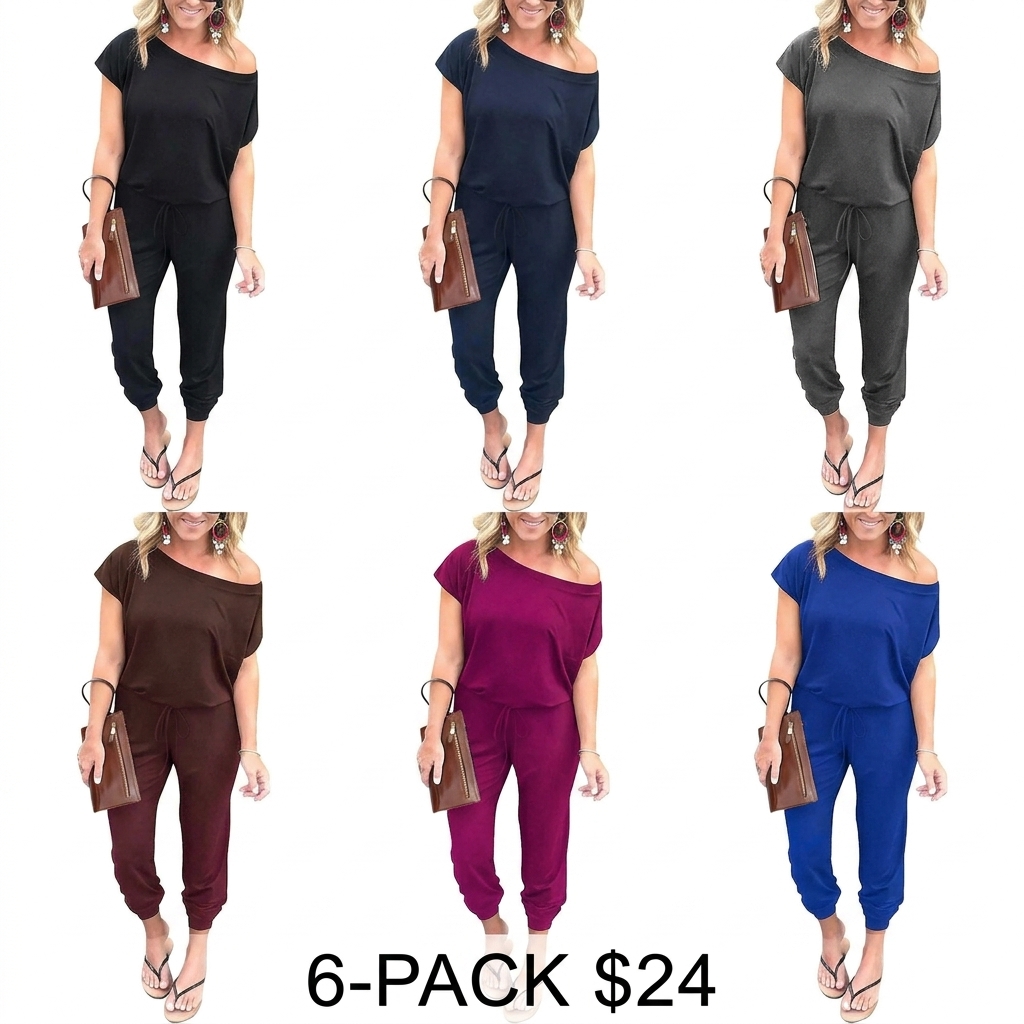 Women's Off-Shoulder Elastic Waist Jumpsuit – Lightweight Casual Romper