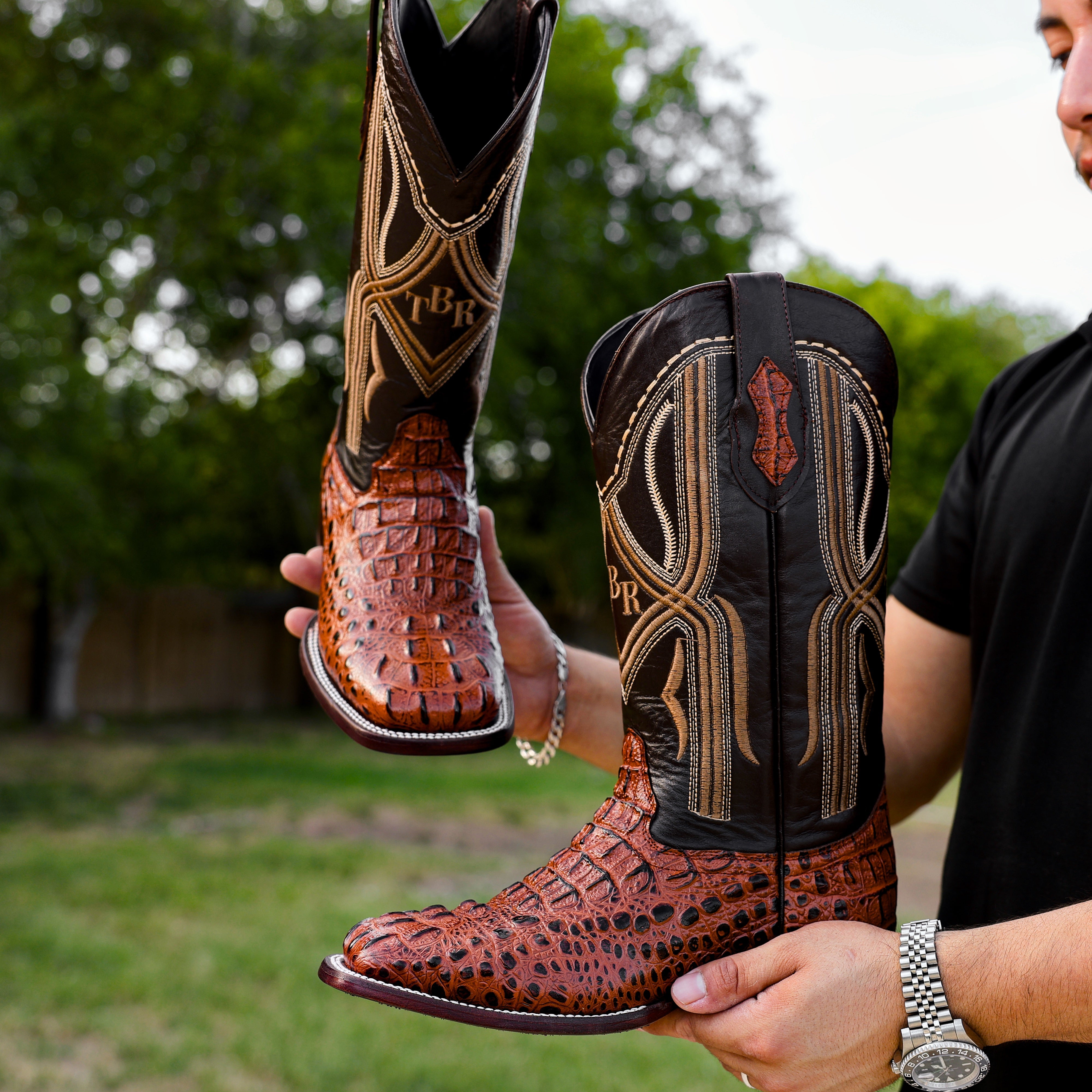 Cognac Caiman Neck Leather Boots - Square Toe