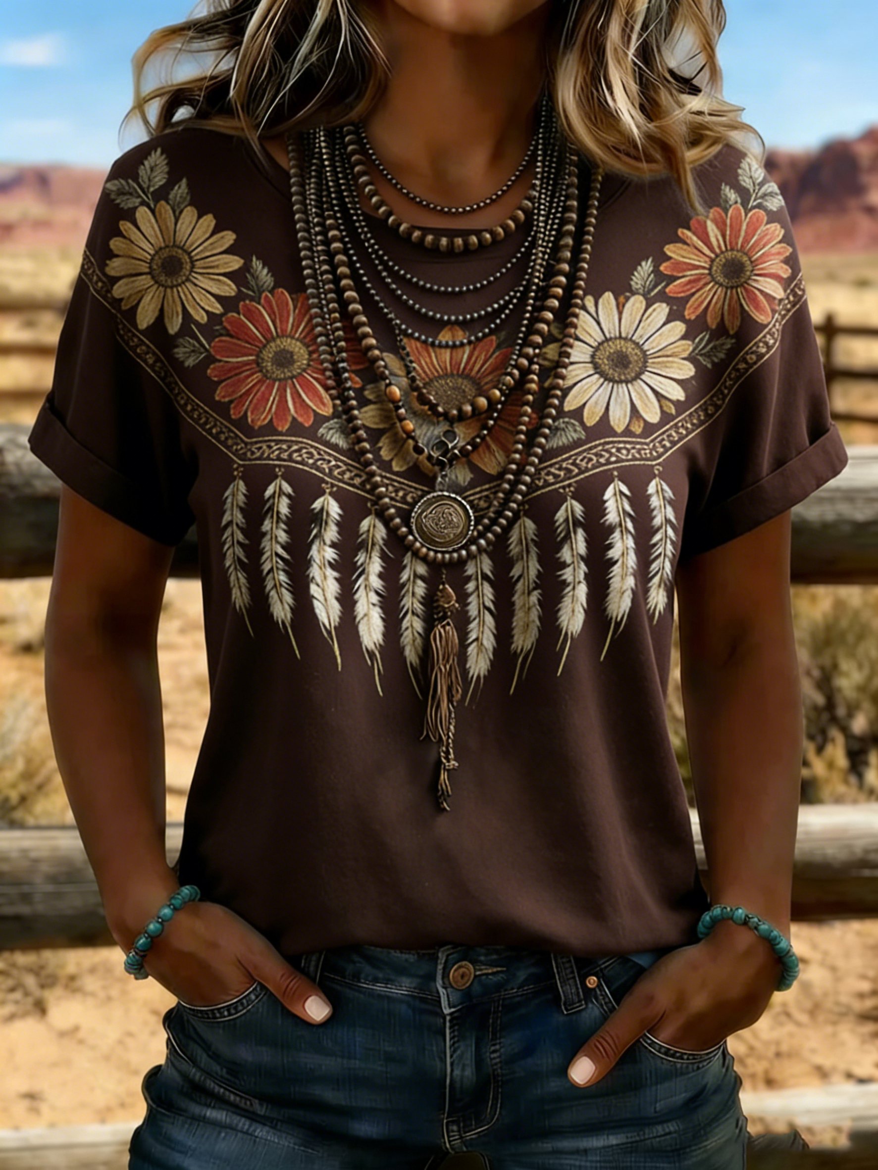Women's Casual Retro Western Print T-shirt