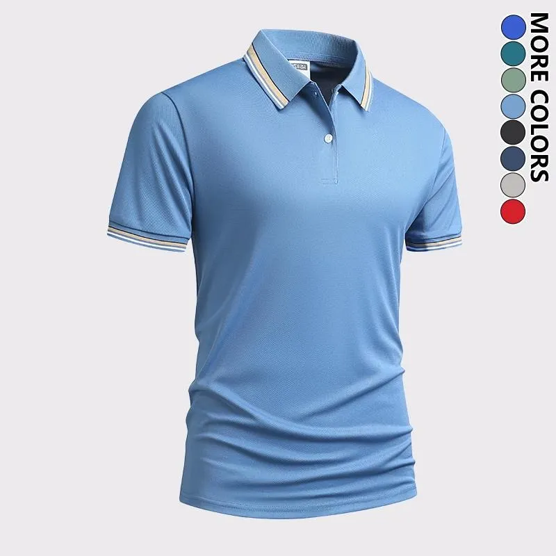 Men's Quick Dry Color Block Striped Polo Shirt, Classic Button-Down Collar Top