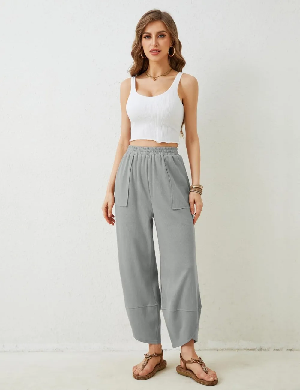 Women's Wide Leg Harem Pants Casual Palazzo Pants with Pockets High Waist Relaxed Fit