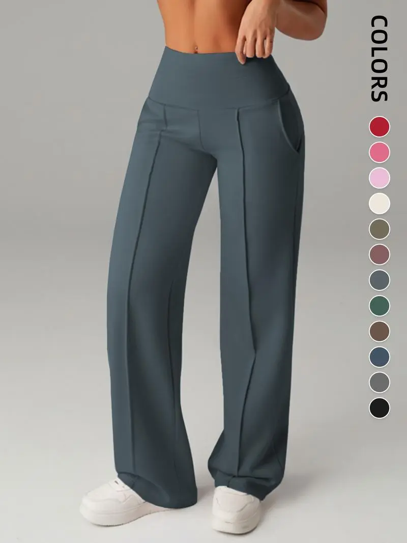 Women's Plain Loose Straight Leg Pants, Wide Leg High Waist Sporty Casual Sweatpants with Pockets