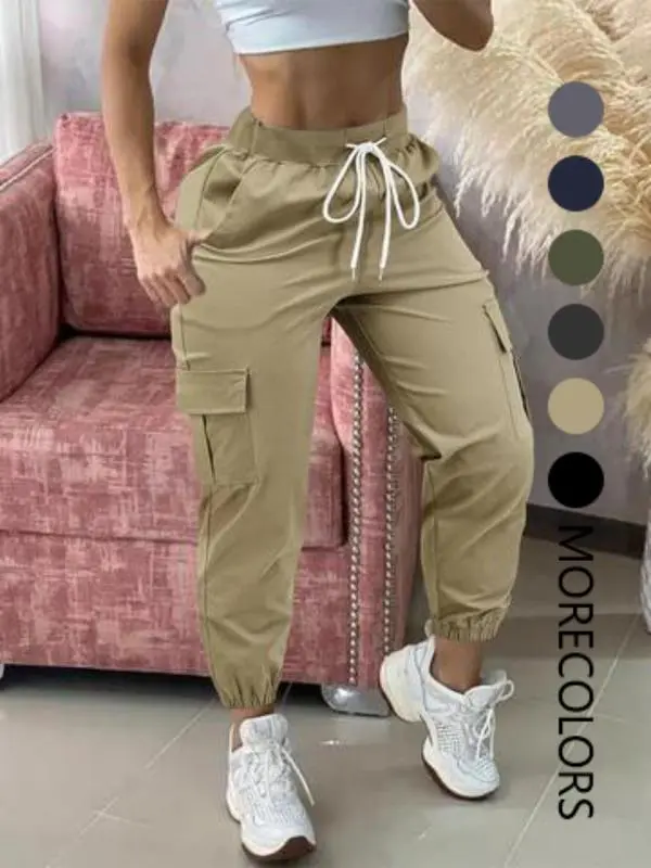 Women's Plain Drawstring Waist Cargo Pants, Casual Pocket Trousers for Daily Wear, Ladies Bottoms for All Seasons