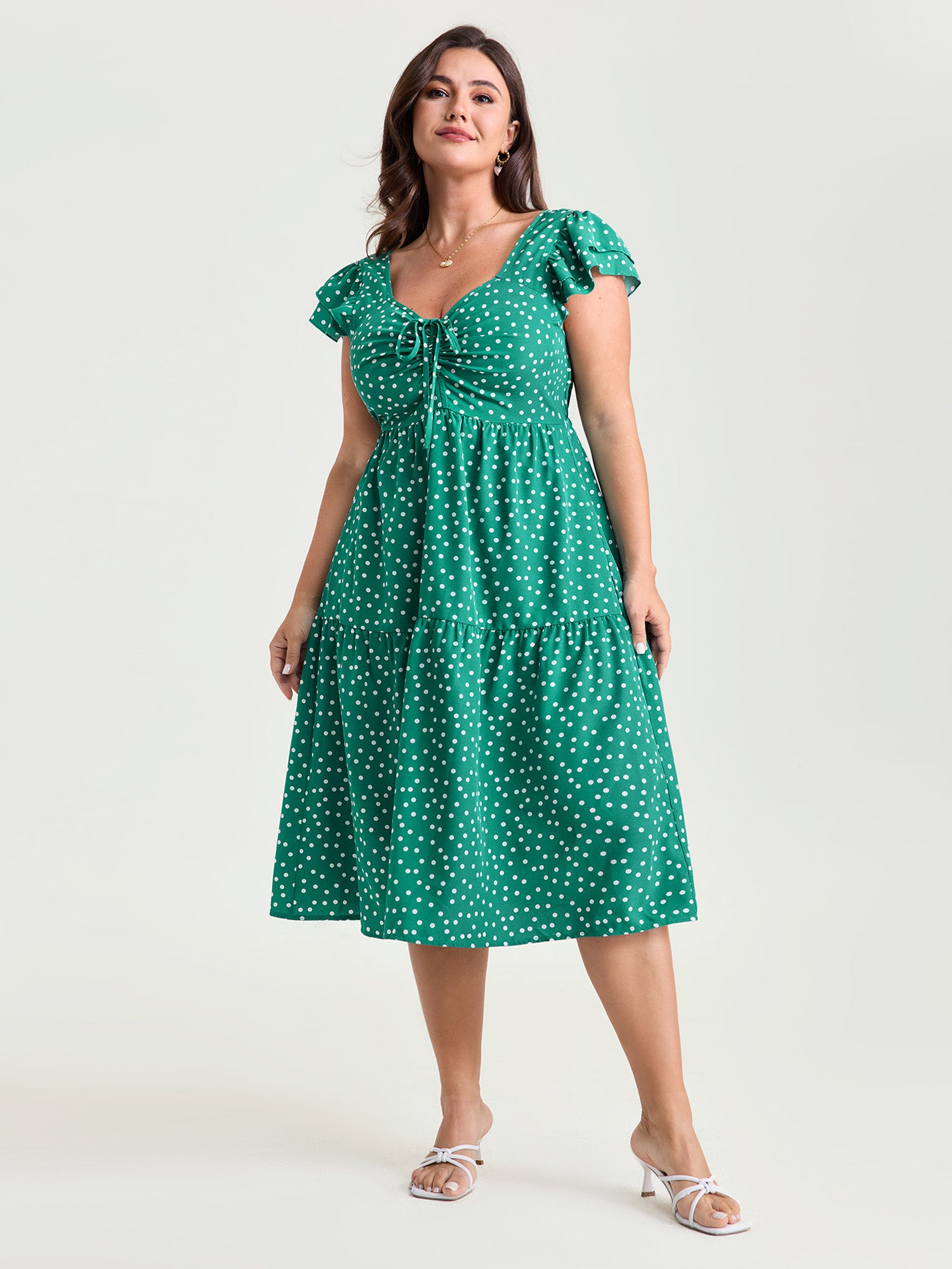 Vintage Polka Dots Ruched Bowknot Midi Dress