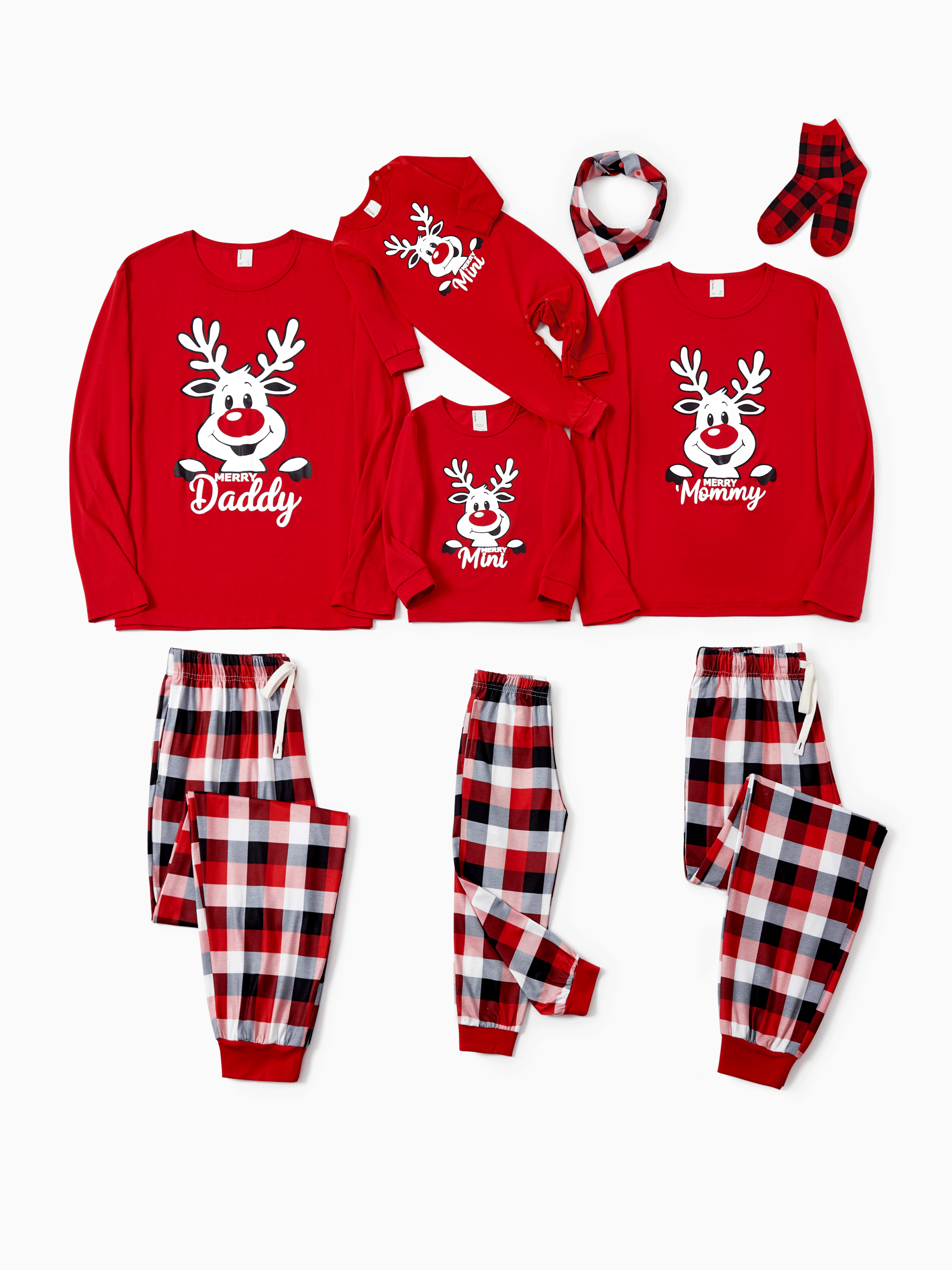 Christmas Matching Family Pajamas Set Glow In The Dark Reindeer Print PJS with Christmas Socks Red