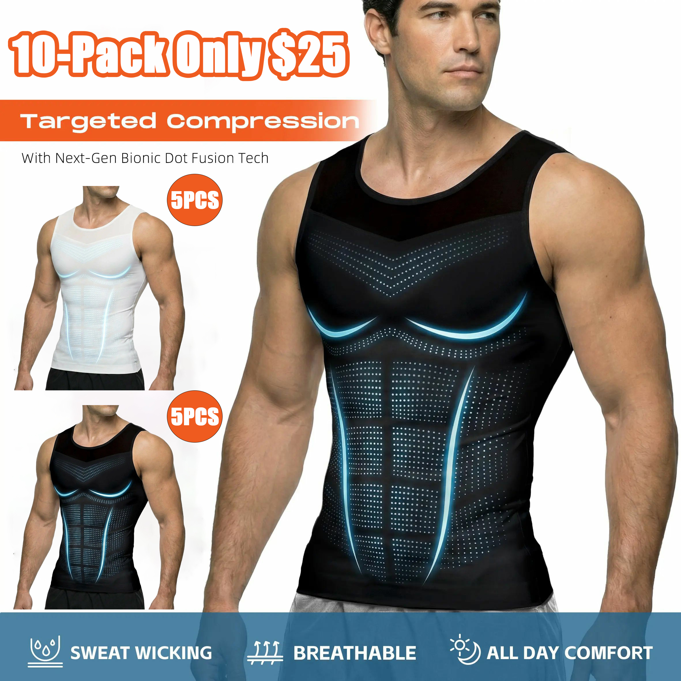 Men Compression Shapewear Tank Top Seamless Undershirts Bionic Targeted Tummy Control Eliminate Gynecomastia X-Shape Back Stretch Posture Correction Breathable Mesh Fabric Basic Menswear for Special Events Business Dating Sports Gym, Holiday Gift