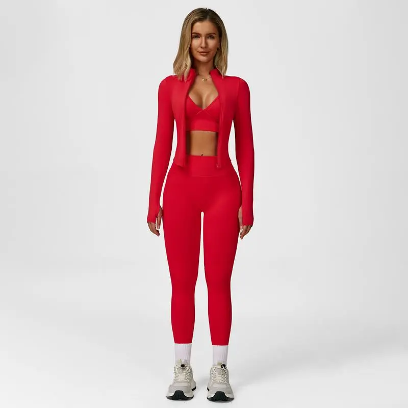 Women's Solid Criss Cross Crop Tank Top & High Waist Leggings & Zip Up Crop Jacket Tracksuit Set