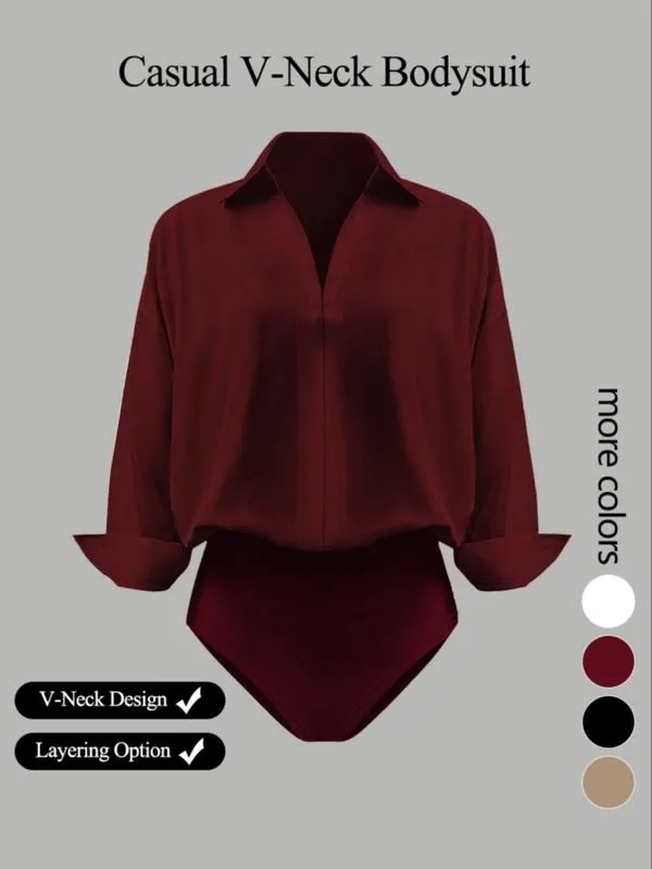 Women's casual loose V-neck long-sleeved shirt jumpsuit, elegant woven fabric, slim fit