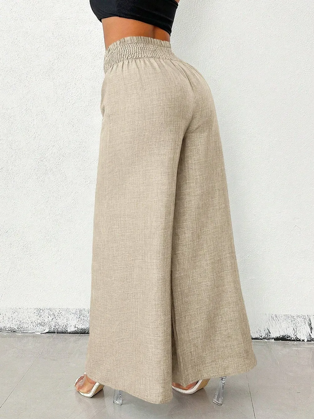 Women's Solid Color High-Waisted Pants, Stretchable Loose-Fitting Wide-Leg Trousers